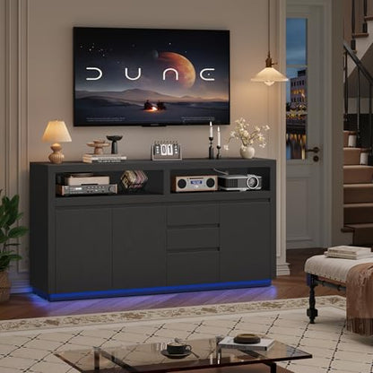 FACBOTALL 63" Modern TV Stand, Large Entertainment Center with Storage Cabinets & Drawers, Media Console Cabinet up to 70 Inch with LED Lights & Power Outlet, TV Consoles for Living Room, Black - color: Black