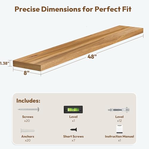 Flat Edge Elm Wood Floating Shelf with Invisible Bracket 48”Natural - color: Natural, size: 48”,set of 1