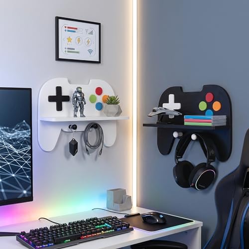 Gaming Room Decor Floating Shelves Set of 2, Controller Wall Shelf with Headphone Hooks, Gamer Wall Decor for Teen Boys Bedroom, Black & White