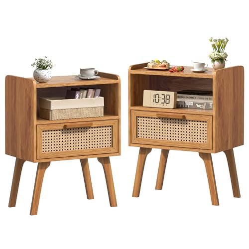Lerliuo Rattan Nightstands Set of 2, Side Table with Drawer, Cane Accent Bedside End Table with Solid Wood Legs, Mid Century Modern Night Stand for Bedroom, Dorm and Small Spaces (Tea Brown) - color: Tea Brown, size: 2 pack