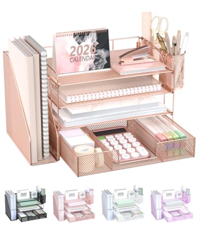 WALI Desk File Organizer, 4 Tier Desktop Paper Letter Tray Organizer with Drawer and 2 Pen Holders, Office Desk Accessories & Workspace Organizers for Office, Home, School Supplies, 1 Pack, Rose Gold - color: Rose Gold, size: 4-Tier