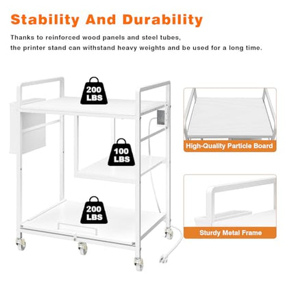 Sedegn Large Printer Stand with Wheels: Lockable Rolling Printer Cart | 24 x 18 Inch Top Fits Laser Printers Shredders and PC Towers 3-Outlet Power Strip and Storage Bag for Home Office (White) - color: Matte White