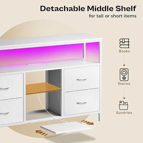 Huuger 47 Inch TV Stand Dresser with Power Outlets and LED Lights, 4 Drawers Entertainment Center with Open Shelf, Media Console for 55 50 Inch TV, Dresser with PU Finish, White - color: White, size: 47.2 Inches