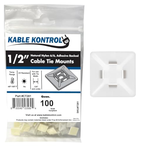 Kable Kontrol Zip Tie Mounts, 1/2” Sq, Natural White, 100 Pcs, Adhesive Backed Multi-Purpose Mounting Squares Nylon Cable Tie Wrap Anchor Pads for Cable Management - color: White, size: 1/2" Inch Square - 100 Pcs