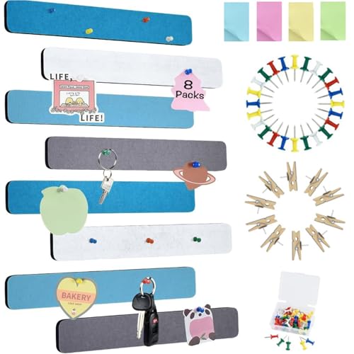 Vuzvuv 8 pcs Bulletin Board Bar Strips with 50 Pushpins & 10 Wooden Clip pins，Self Adhesive Cork Board for Wall，Felt Pin Board for School，Office Decor(Blue White Grey) - color: Blue Grey