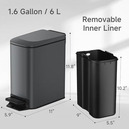 TIPGO Slim Bathroom Trash Can with Lid Soft Close, 6 Liter / 1.6 Gallon Stainless Steel Garbage Can with Removable Inner Bucket, Step Pedal, Small Trash Cans for Bedroom, Office, Kitchen (Grey) - color: Grey