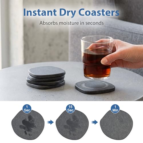 Diatomaceous Earth Coasters Set of 6 for Drinks, Moisture Water Absorbent Stone Coasters for Table Desk at Work, Water Absorbing Instant Drying Diatomite, Modern Dark Grey - color: Dark Grey, size: 6