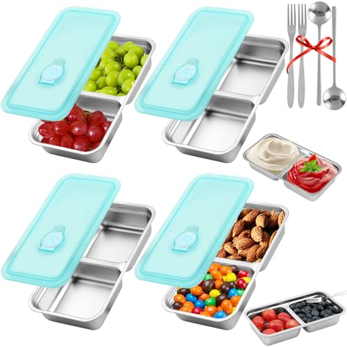 KITHELP 4 Pcs Grab and Go Snack Containers Reusable with Lids, Double Compartment Snack Containers with 2 Forks 2 Spoons, Stainless Steel Snack Container for Camping, Lunch, Dessert - color: Blue