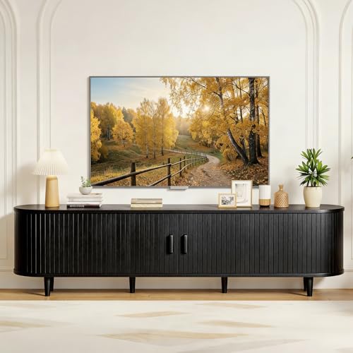 MXV 70" Mid-Century Modern TV Stand with Sliding Doors, TV Consoles with Power Outlet, Fluted Entertainment Center with Adjustable Shelves, for Living Room - color: Black, size: 70in