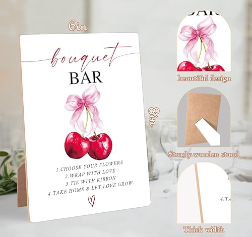 Cherry Wedding Signs for Reception, Pink Bow Bouquet Bar Sign, Berry Wooden Wedding Signs with Stand, Pink Bow Theme Bridal Shower Decorations, Bridal Shower Party Supplies for Reception, 05 - color: Cheery05