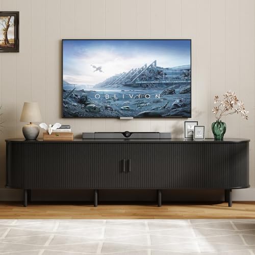 ONBRILL 86.6" TV Stand with Power Outlet for TVs up to 90 Inch, Entertainment Center with Storage and Adjustable Shelves, Modern Media Console with Sliding Doors for Living Room, Black - color: Black, size: 86.6 Inch