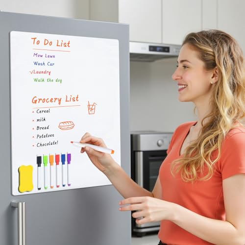 M&G Magnetic Dry Erase Board for Fridge, 19”x 13” Fridge Whiteboard for Kitchen, Refrigerator White Board Set with 6 Markers and Eraser, to Do List, Family Schedule Planning Board - size: 19"X13"