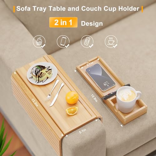 Bestjing Bamboo Sofa Armrest Tray - Couch Arm Tray with Detachable Couch Cup Holder - 2 in 1 Anti-Slip Foldable Sofa Armchair Caddy Table for Drinks Cellphone TV Remote Snacks - color: Bamboo, size: 16.3" x 13.3" x 2"