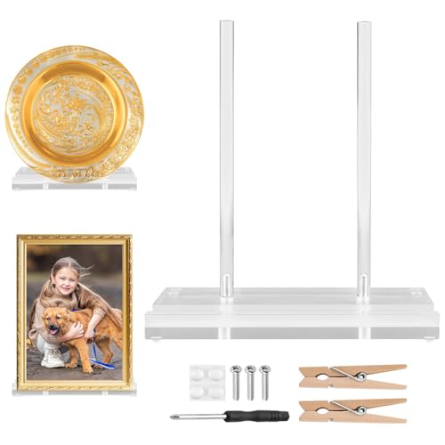Acrylic Display Stand Set, Tabletop Book Art Display Holder Clear Easel Stand Artwork Storage Rack with Wood Mini Clips for Picture Frame Photo Decorative Plate Record Magazine(COLOR:Transparent)