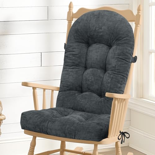 Rocking Chair Cushion - Chenille Fabric, High-Density Sponge, Durable Comfort Double-Sided Tufted Seat Pads with Ties, Chenille︱Dark Gray, 44x19x4 inch - color: Reversible | Dark Gray
