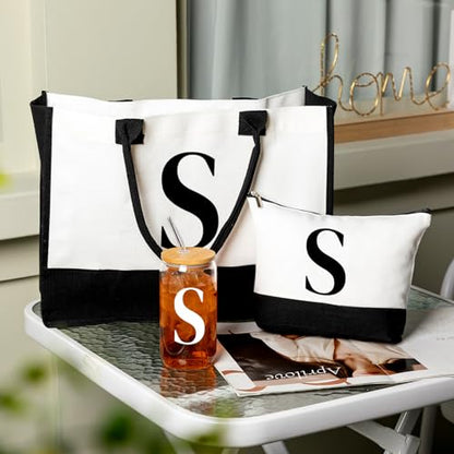 Aliceset Initial Gifts for Women Monogram Canvas Tote Bag and Makeup with Zipper and Initial Glass Coffee Cup Gifts for Her - style: Letter S