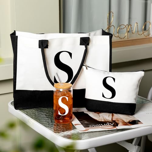 Aliceset Initial Gifts for Women Monogram Canvas Tote Bag and Makeup with Zipper and Initial Glass Coffee Cup Gifts for Her - style: Letter S