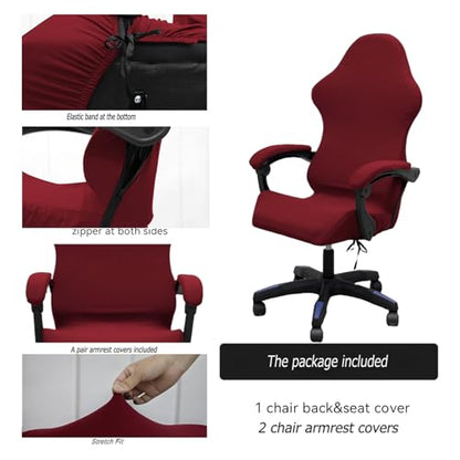 Gaming Chair Cover Set with Armrest Covers, Stretch Ruffled Slipcover for Racing Office Computer Reclining Chairs (Wine red) - color: Wine Red