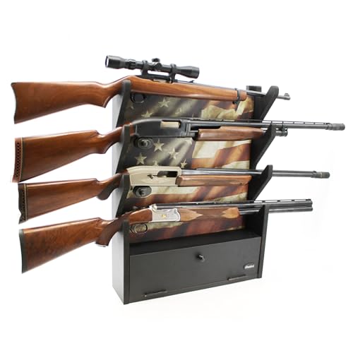 Rush Creek Creations Engineered Wood Gun Rack - Wall Mount Display for 4 Rifles/Shotguns, American Flag Design with Accessory Storage - color: Black