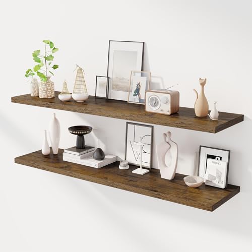 Dreamland 55" Floating Shelves for Wall, 12" Deep Slim Rustic Brown Floating Shelves, Wall-Mounted Shelves for Bedroom, Living Room, Kitchen, Bathroom - Set of 2 - color: Rustic Brown, size: 55"W x 12"D x 1.3"H, Set of 2