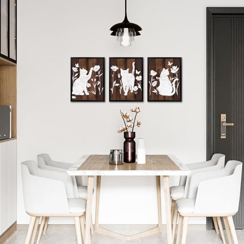LoveHouse Framed Cat Wall Art Brown and White Cat Silhouette Canvas Set with Flowers & Butterflies, Rustic Farmhouse Artwork for Bathroom Kid's Room Bedroom Cat Lover Wall Decor