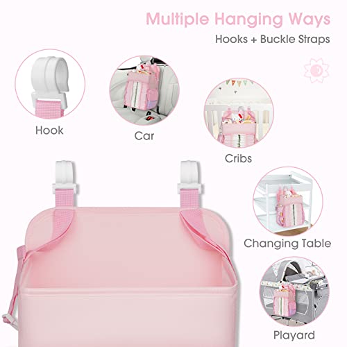 Maliton Hanging Diaper Caddy Nursery Caddy Organizer for Playard, Wall or Crib, Diaper Stacker with Baby Essentials Storage - color: Pink