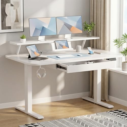 GTPLAYER Electric Standing Desk with Drawers, 48 x 24 Inches Height Adjustable Computer Desk with Monitor Stand, Laptop Stand, Sit Stand up Desk with Memory Preset for Home, Office, Ivory White - color: Ivory White, size: 48 x 24 Inches