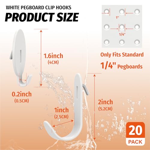 HUHOLE 20PC White Pegboard Clip Hooks for Thin Metal 1/4 Inch Pegboard | Picture Hangers with 10 lb Capacity, 10 Round and 10 Angled Peg Hooks for Jewelry, Crafts and Small Accessories - color: White