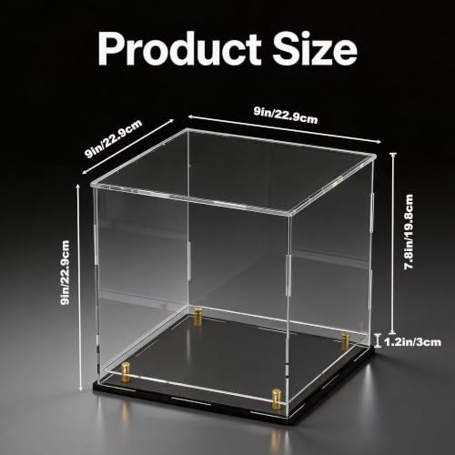 Acrylic Display Case for Collectibles, Dustproof Acrylic Box with Clear Display Elevation & Gold Risers, Large Display Case for Figures Toys Memorabilia, 9" L x 9" W x 9" H - size: 9"L x 9"W x 9"H