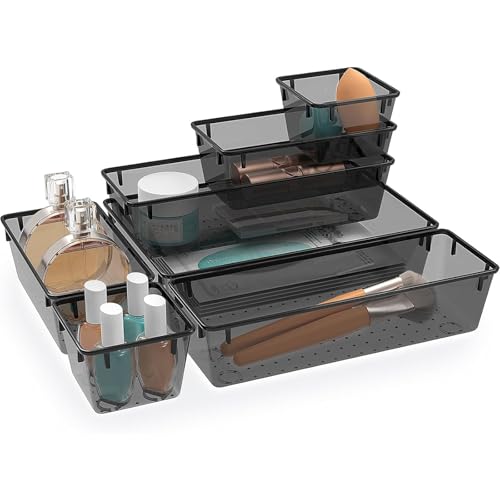 StorMiracle 7 PCS Clear Plastic Drawer Organizers Set, 4 Size Desk Drawer Organizer Trays for Makeup, Jewelry, Kitchen Utensils, Gadgets and Office Accessories, Black - color: Black, size: 7 PCS