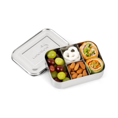LunchBots Small Protein Packer Bento Box - Extra Small Divided Stainless Steel Snack Container - 4 Sections for 1-2oz of Nuts, Meat, Cheese, Finger Foods - Dishwasher Safe - Stainless Lid - size: 4 Section