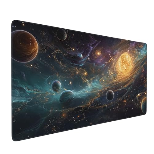 Extended Gaming Mouse Pad,XXL Extended Gaming Keyboard Mat, Solar System Universe Design, Laptop Desk Protector 35.4 x 15.7 Inches, Rubber Material, Anti-Slip Base, Rectangular Shape, Stitched Edges - color: Solar System Universe