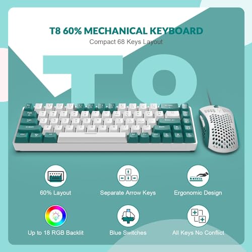ZIYOU LANG RK-T8PR0 Wired 65% Mechanical Gaming Keyboard and Mouse Combo with RGB LED Backlit Anti-ghosting TKL Mini 68 Key Coiled C to A Cable Tactile Blue Switch for PS4 PS5 Xbox PC Mac Gamer(Green) - color: Green White, size: 65% Keyboard + Mouse
