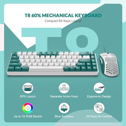 ZIYOU LANG RK-T8PR0 Wired 65% Mechanical Gaming Keyboard and Mouse Combo with RGB LED Backlit Anti-ghosting TKL Mini 68 Key Coiled C to A Cable Tactile Blue Switch for PS4 PS5 Xbox PC Mac Gamer(Green) - color: Green White, size: 65% Keyboard + Mouse