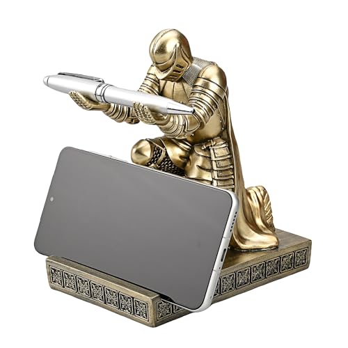 Windbreaker Soldier Knight Pen Holder Personalized Desk Accessory, Mobile Phone & Gaming Controller Holder, Device Stand Gift for Medieval Enthusiasts (Bronze) - color: Bronze