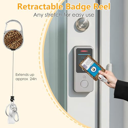 Leopard Badge Holder with Lanyard, Funny ID Badge Holder with Retractable Reel Clip and Keychain for Leopard Lovers, Vertical Identity Card Cover Case Protector for Nurse Teacher - color: Leopard-brown