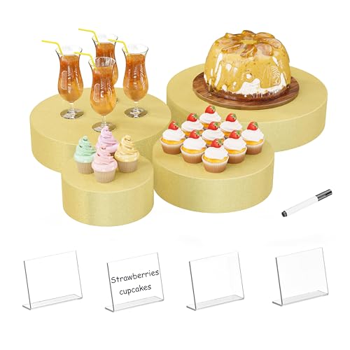 Round Metal Buffet Risers,4PCS Food Risers for Buffet Table 6in to 12in with Mini Acrylic Signs for Catering Dessert Collectibles Jewelry Figures Show Gold Cube Boxes Nesting Risers with Hollow Bottoms - color: Gold, size: Round(6IN to 11.8IN)