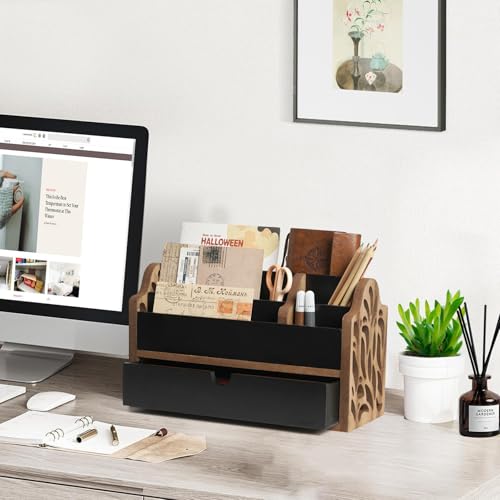 Desk Organizer with Drawer Wood File Office Mail Organizer Countertop-5 Slot Tabletop Storage Pen Organizer Letter Holder for School Home Office Supplies - color: Black