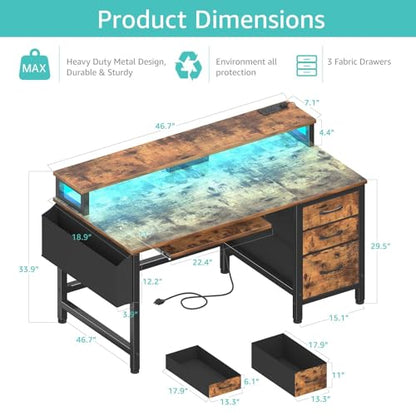 Lufeiya Gaming Desk with LED Lights and Power Outlets, 47 Inch Home Office Desks with Keyboard Tray, Computer Desk with File Drawers Cabinet, Writing Table PC Desks with Monitor Stand, Rustic Brown - color: Brown