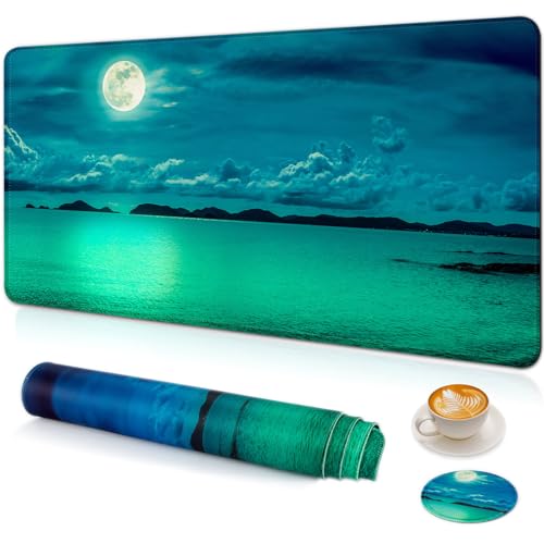 Large Gaming Mouse Pad with Coaster,Desk Matt for Desktop,Desk Mat-Ocean | Desk Pad,XXL Cute Desk Mat Cover for Computer Keyboard Laptop Women Office Home Decor, 31.5'' x15.6'' - color: B3-Night Sea