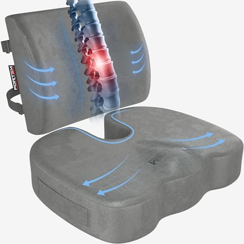 FORTEM Seat Cushion, Office Chair Cushion, Lumbar Support Pillow for Office Chair, Memory Foam Car Seat Cushions, Sciatica Coccyx Tailbone Pain Relief, Cushions for Back Support, Washable, Non Slip XL - color: Grey Velour, size: X-Large