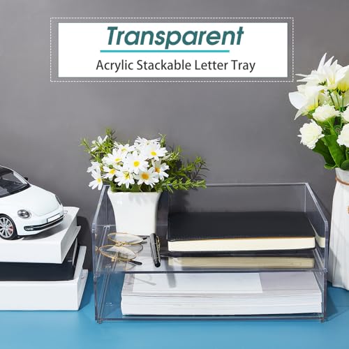 Yulejo 2 Pcs Stackable Acrylic Desk Organizers Paper Tray Storage Tier Accessories Paper File Office Organizer Tray Stackable Document Clear Desk Accessories for Office Workspace Organization