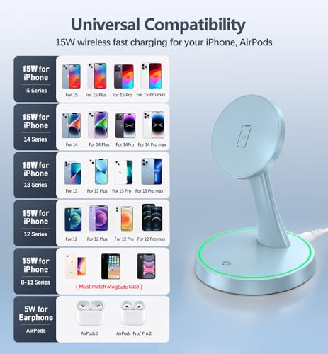 Magnetic Wireless Charger Stand 15W Fast Magnetic Charger for iPhone 17 /17 pro/ 17 Air/ 17 pro max 16/15/14/13/12 Series Magnet Wireless Charging Station/Pad with Sleep-Friendly Light for AirPods - color: Magnetic Blue