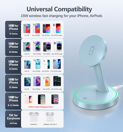 Magnetic Wireless Charger Stand 15W Fast Magnetic Charger for iPhone 17 /17 pro/ 17 Air/ 17 pro max 16/15/14/13/12 Series Magnet Wireless Charging Station/Pad with Sleep-Friendly Light for AirPods - color: Magnetic Blue