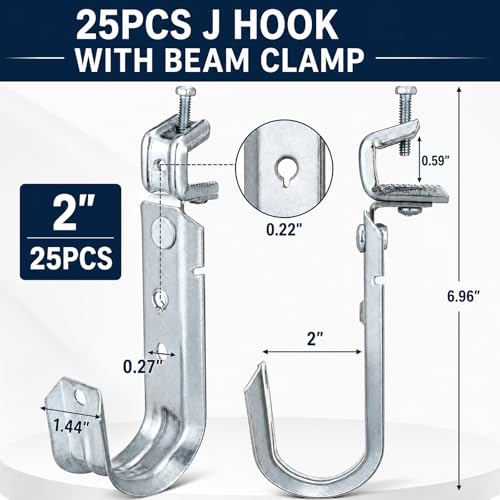 Tandefio 25 Pack Cable Support J Hook with Beam Clamp, Heavy Duty Metal Wire Cable Support J Hook Hangers for Wire Management (2 Inch) - size: 2 Inch