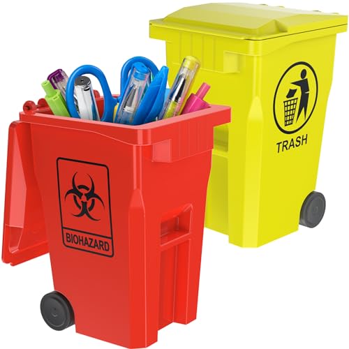 Wiosi Mini Garbage Trash Pen Holder for Desk and Tiny Recycle Bin Pencil Holder Red & Yellow, Pack of 2 - Storage for Pencil & Pen | Office Stationery to Organize the Desk | Ideal for Student Work - color: Red-Yellow, size: 5"