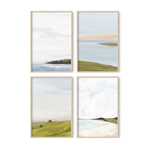 HAUS AND HUES Landscape Wall Art - Set of 4 Nature Poster, Oil Painting Art, Scenic Poster, Country Side Wall Art, Farmhouse Prints, Mountain Print (Beige Frame, 24x36) - color: Oil Painting, size: 24x36, style: Beige Framed
