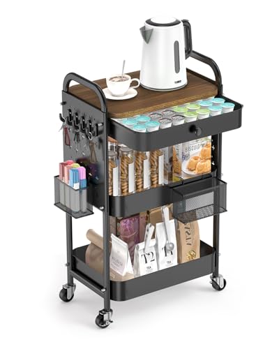 ALVOROG Rolling Cart with Drawer and Wood Table Top, 3 Tier Metal Rolling Utility Cart on Wheels with DIY Pegboards, Hanging Baskets, Hooks for Bedroom,Office,Craft Supplies (Black)