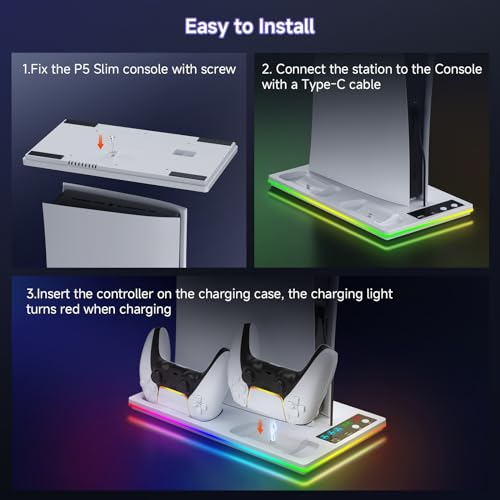 PS5 Cooling Station Stand RGB with Dual Controller Charging Station for PlayStation 5 Console, PS5 Accessories Incl. Controller Charger, Cooling Fan, Headset Holder, 3 USB Hub