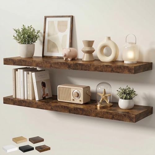 Floating Shelves for Wall 48 in x 9.3 in Deep, Wall Mounted Rustic Wood Shelf with Invisible Brackets for Storage & Display, Living Room Bedroom Bathroom, Brown, 2 Pack - color: Rustic Brown, size: 48 Inch, 2 pack